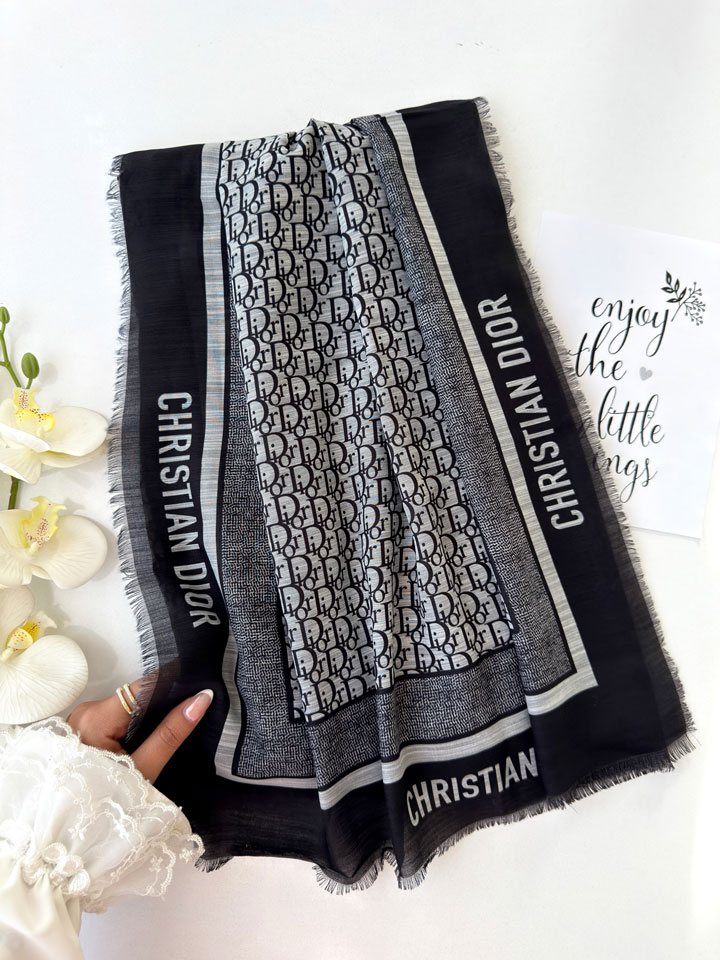 شال سوپر نخ لینن دیور دور ریشه سوزنی مشکی سفید کد 23