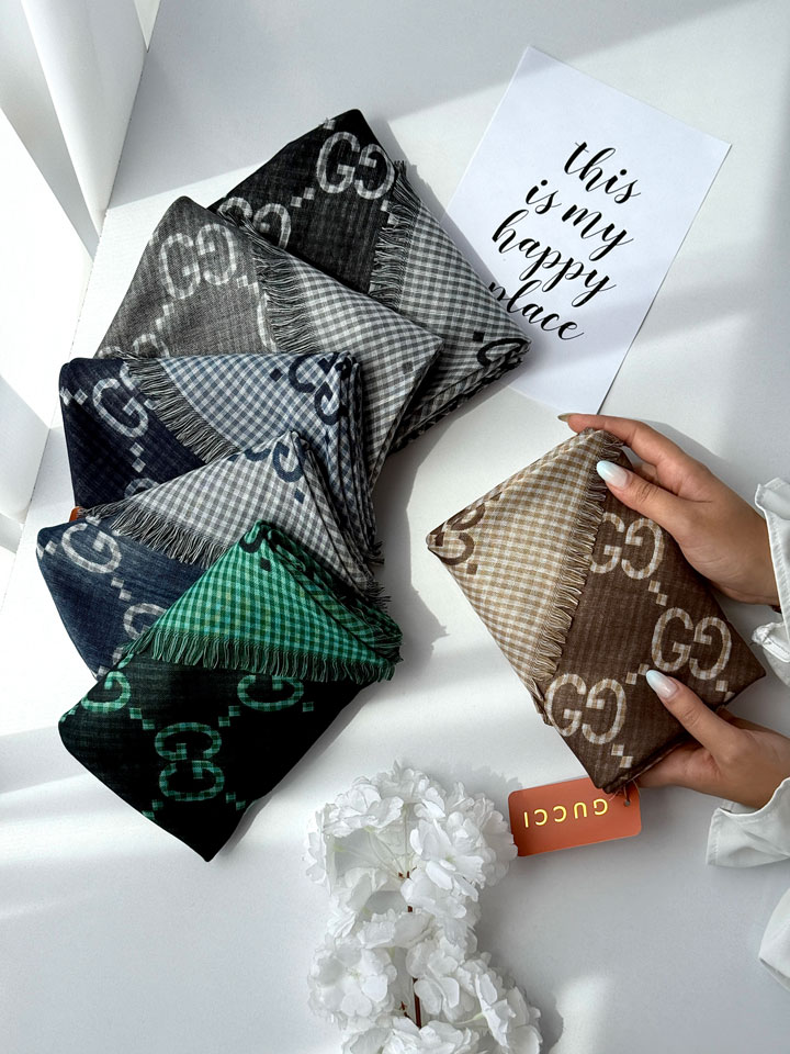 شال کشمیر ابریشم دولایه گوچی دور ریشه سوزنی کد 13